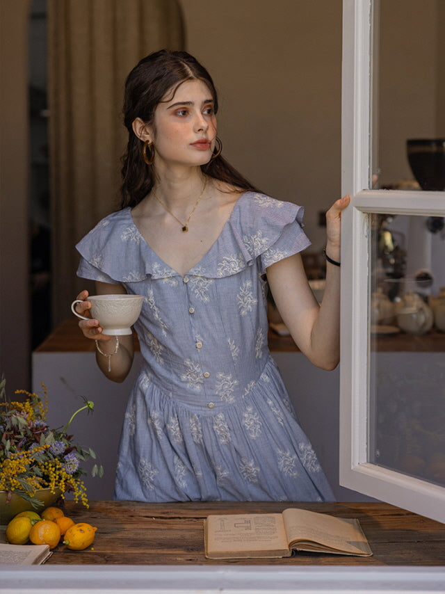 Cottagecore Floral Blue Garden Stripe Dress