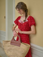 Lace Trim Retro Red Dress with Puff Sleeves