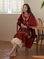 Plaid-Trim Cotton Loungewear Dress