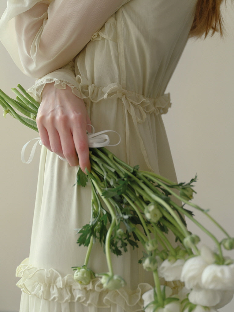 Soft Cream Ruffle Tiered Sheer Dress