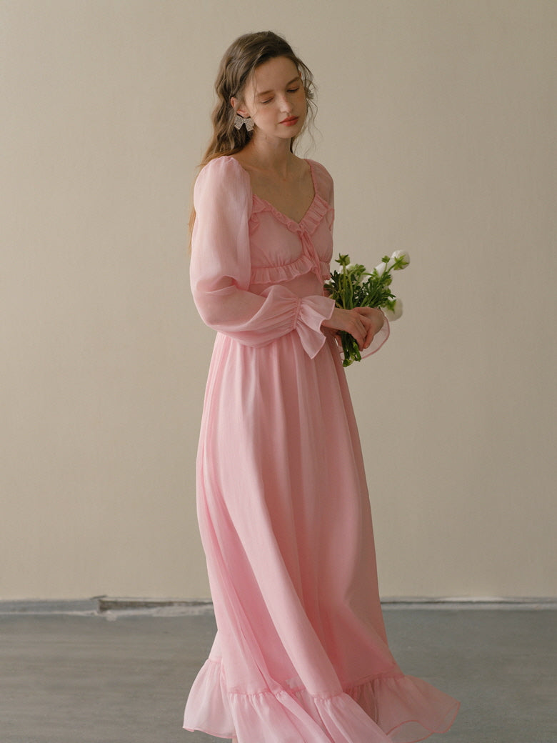Blush Petal Frill Chiffon Dress