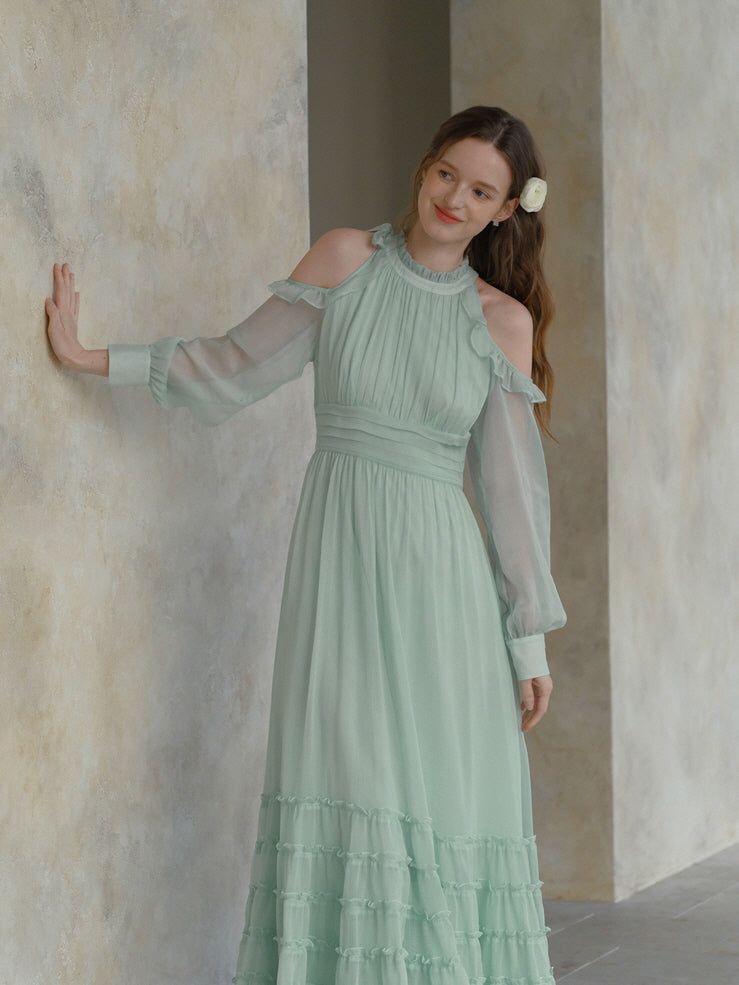 Mint Whispers Cold-Shoulder Dress