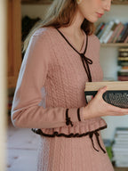 Ribbon Trim Ruffle Knit Cardigan