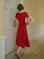 Lace Trim Retro Red Dress with Puff Sleeves