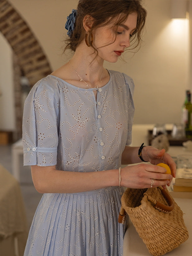 Soft Blue Eyelet Lace Cottagecore Dress