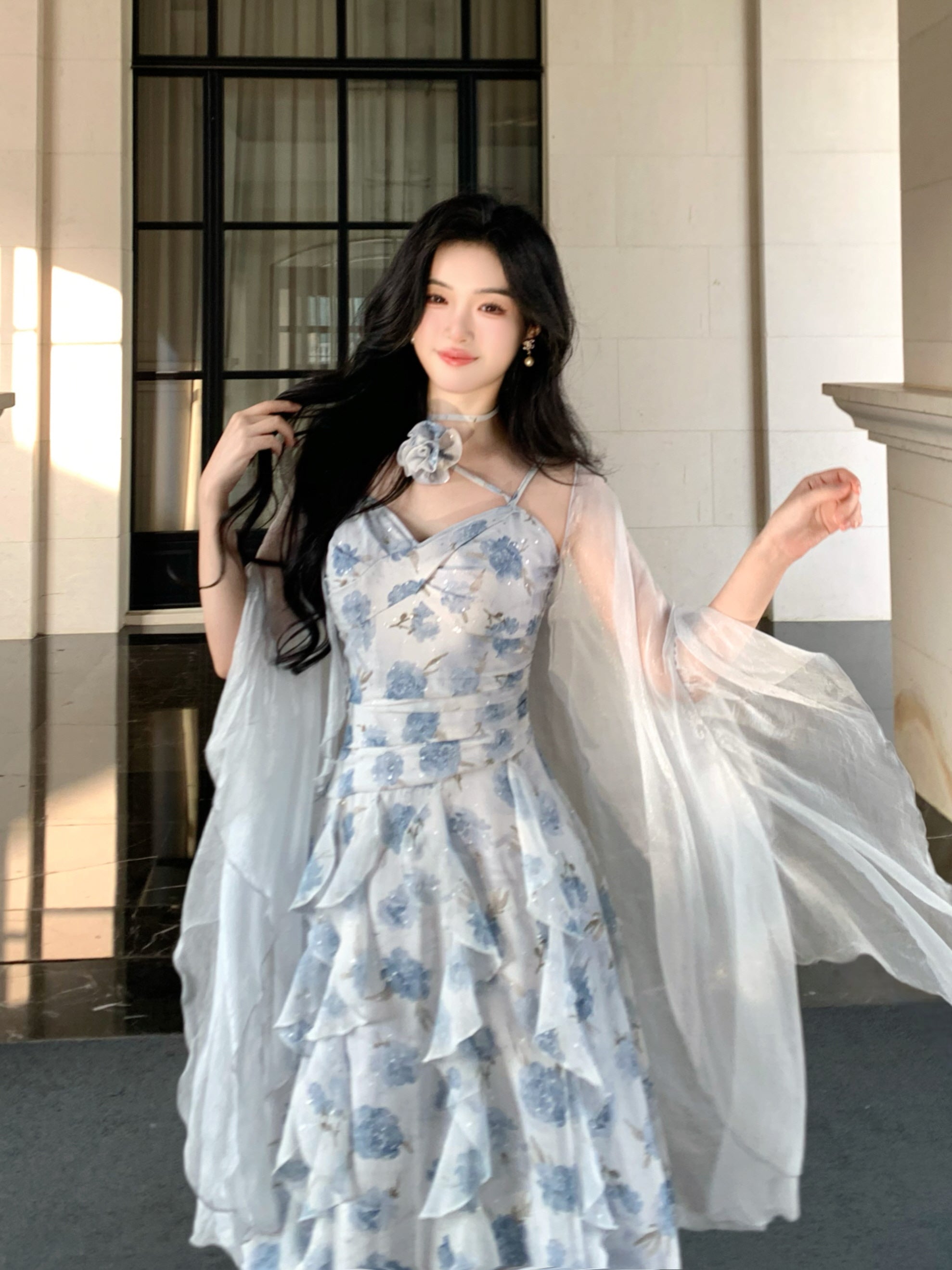 Whimsical Bloom Ruffle Chiffon Dress