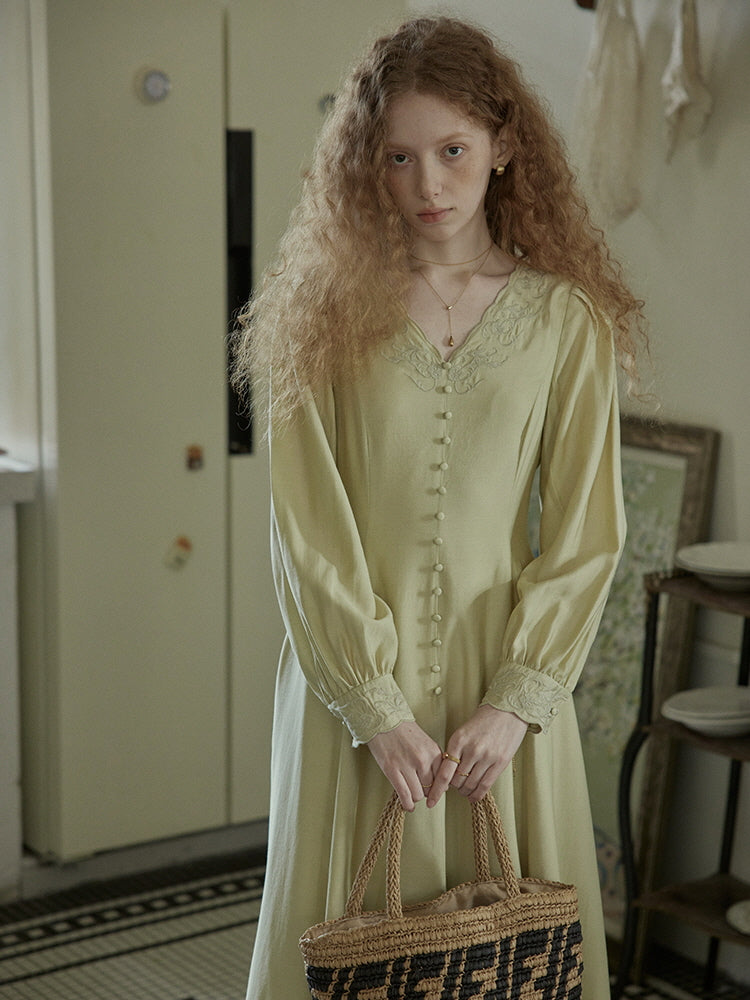 Vintage-Inspired Embroidered Buttoned Dress