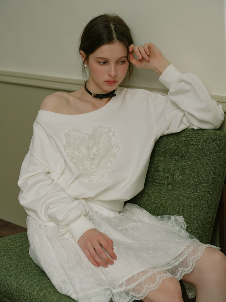 Coquette Lace Heart Off-Shoulder Sweatshirt