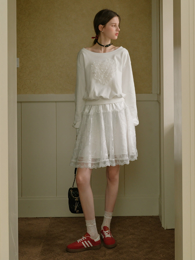 Coquette Lace Heart Off-Shoulder Sweatshirt