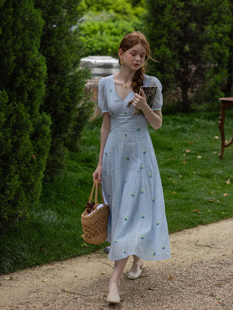 Dreamy Blue Blossom Embroidered Dress