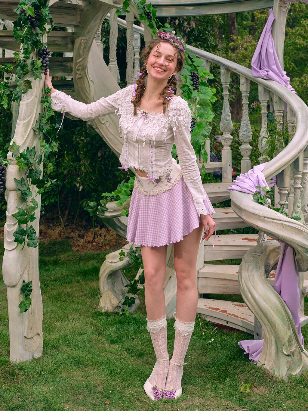 Lilac Ribbon Embroidered Lace Blouse