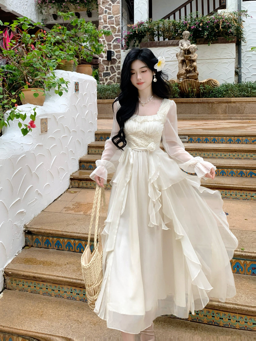 Vintage Ivory Chiffon Ruffle Dress