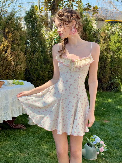 Vintage Rosebud Lace-Trimmed Knit Dress