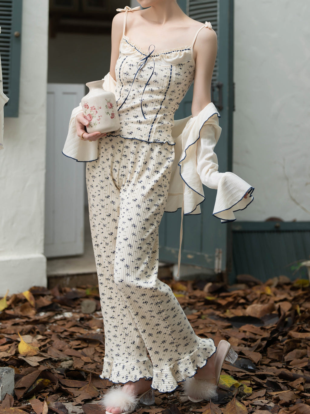 Navy Ribbon Floral Loungewear Set