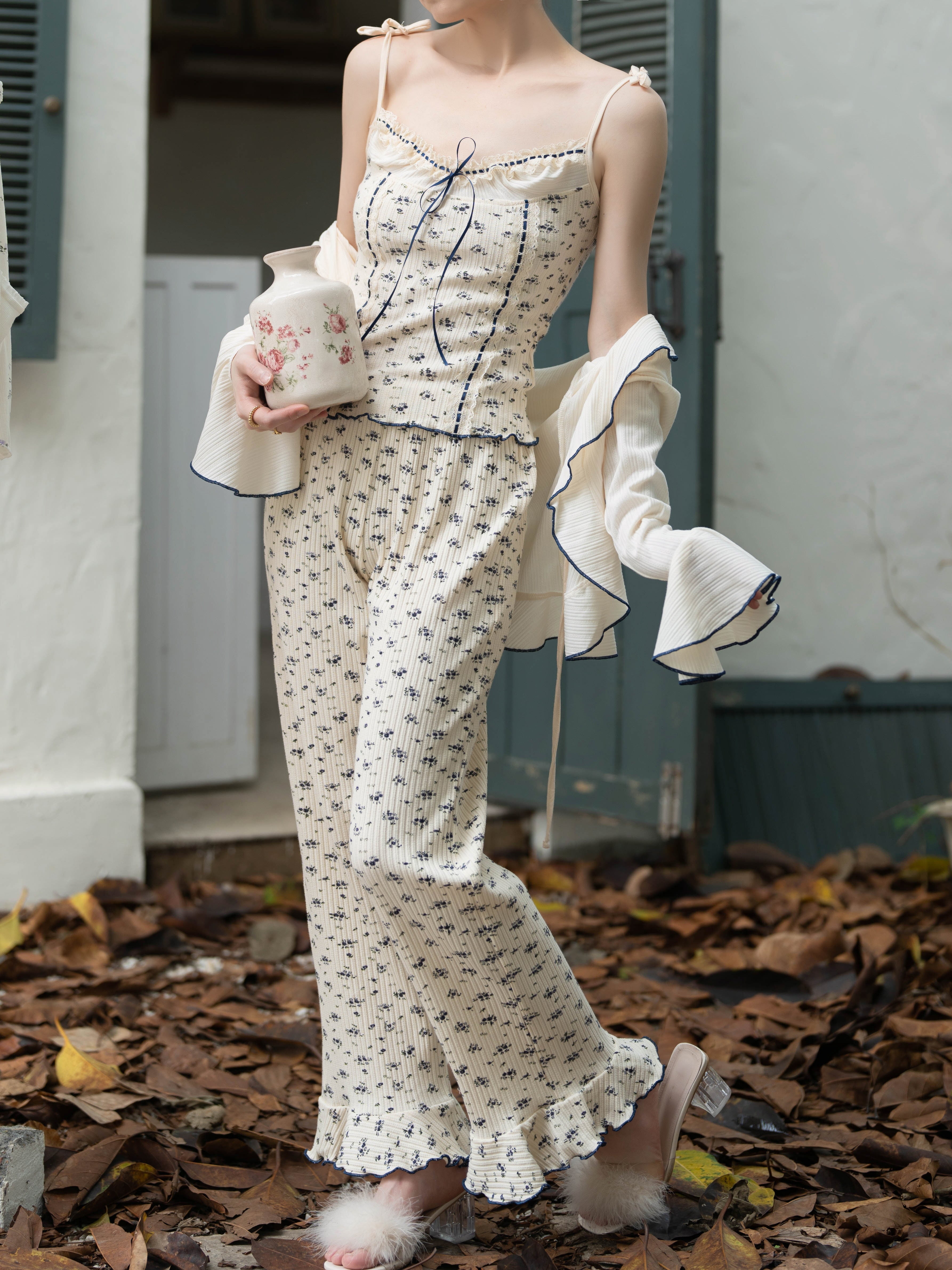 Navy Ribbon Floral Loungewear Set