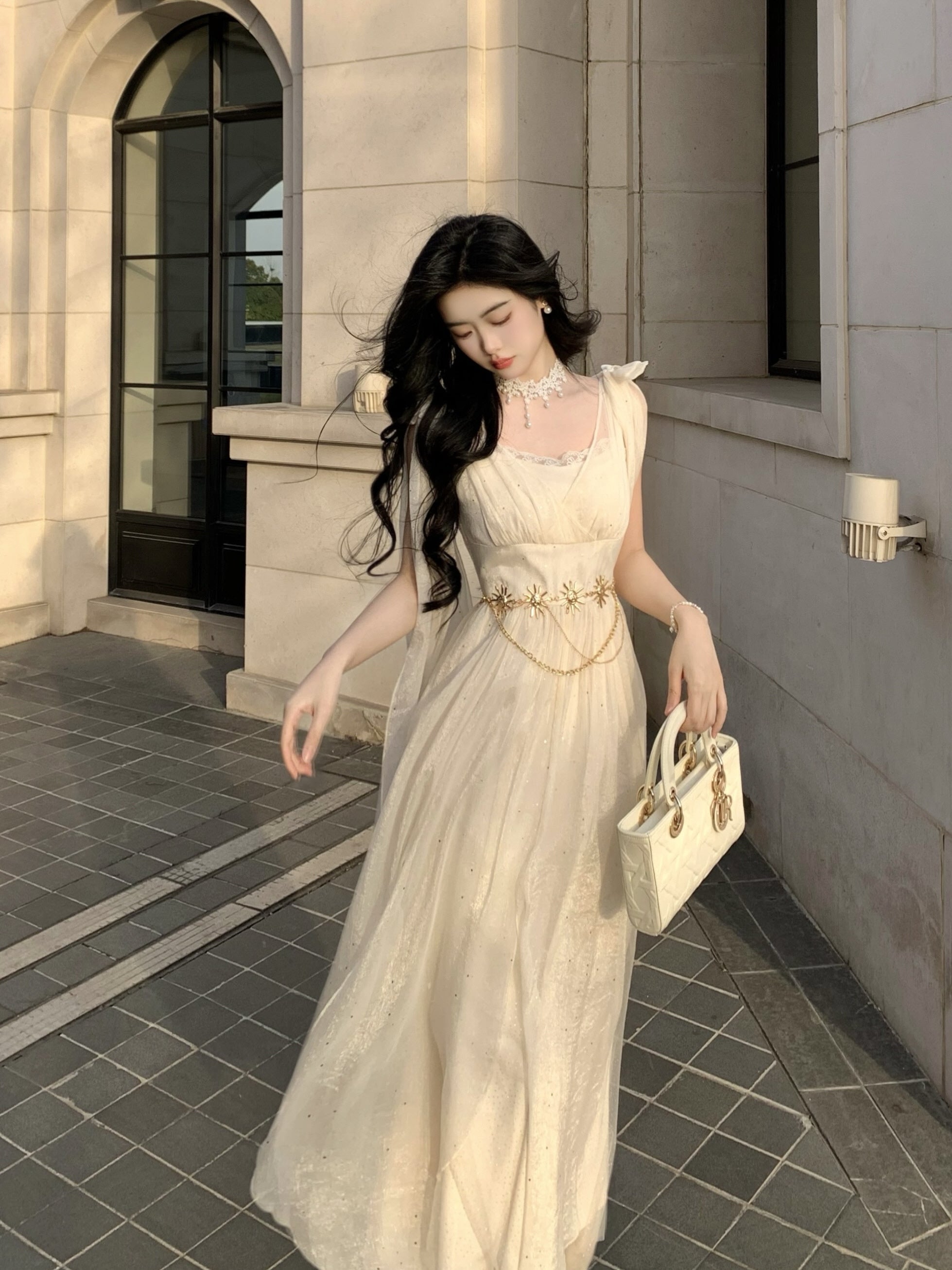 Ethereal Goddess Shimmering Silver Mesh Gown