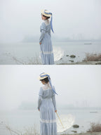 Vintage Blue Lace-Trimmed Elegant Dress
