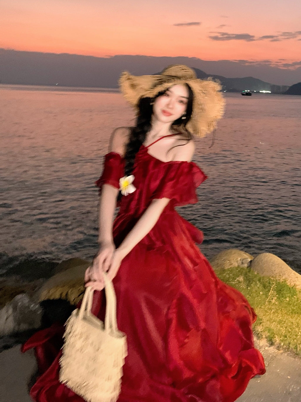 Scarlet Ruffle Off-Shoulder Chiffon Dress