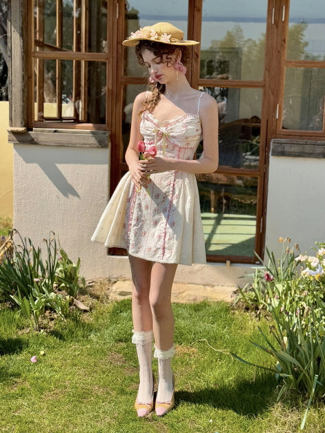 Coquette Blush Floral Lace Bow Dress