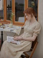 Vintage Lace Buttoned Puff Sleeve Dress