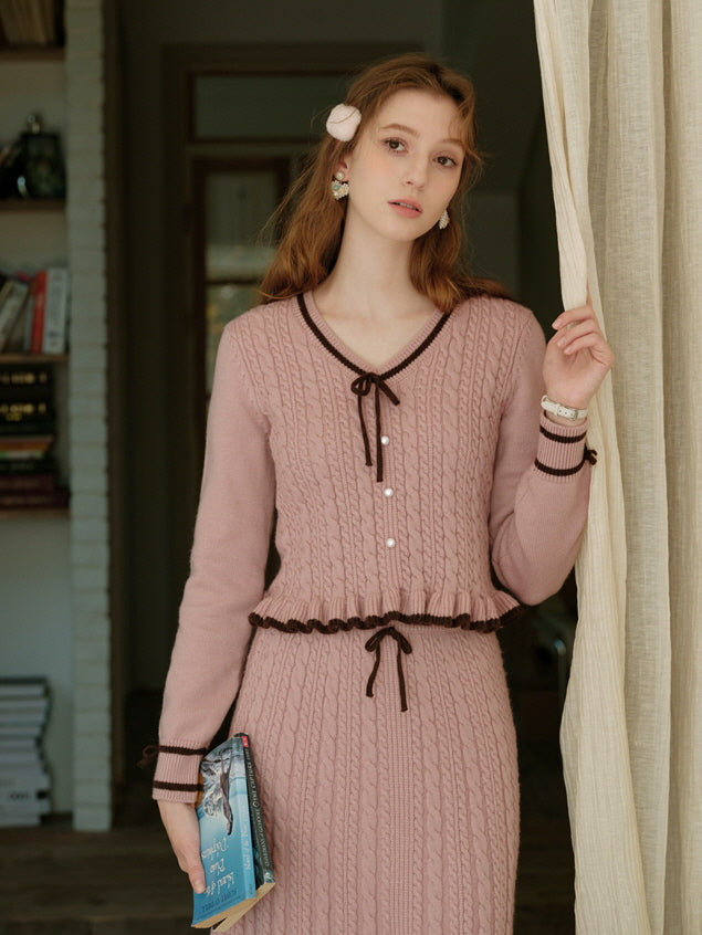 Ribbon Trim Pink Cable Knit Skirt