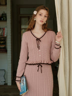 Ribbon Trim Pink Cable Knit Skirt