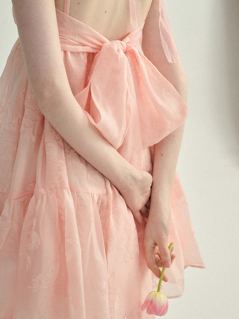 Blush Petal Ruffle Back Bow Dress