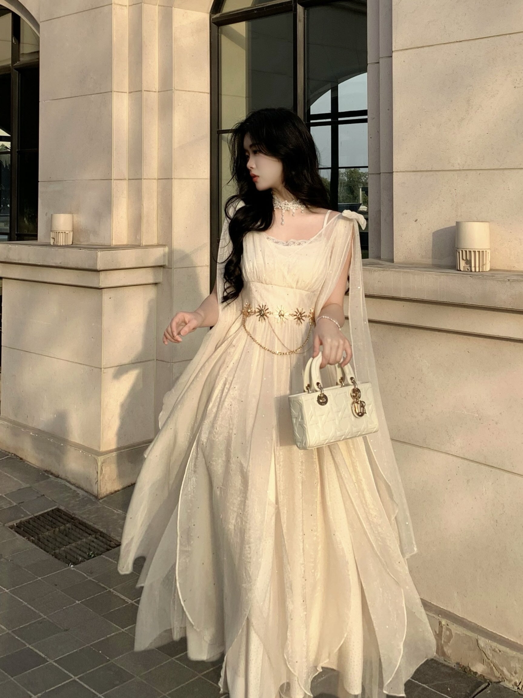 Ethereal Goddess Shimmering Silver Mesh Gown