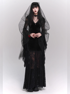 Black Velvet Lace Bell Sleeve Gothic Dress