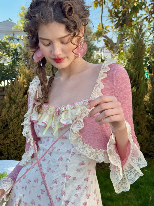 Vintage Rosebud Lace-Trimmed Knit Dress