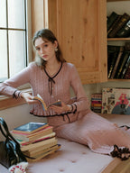 Ribbon Trim Ruffle Knit Cardigan