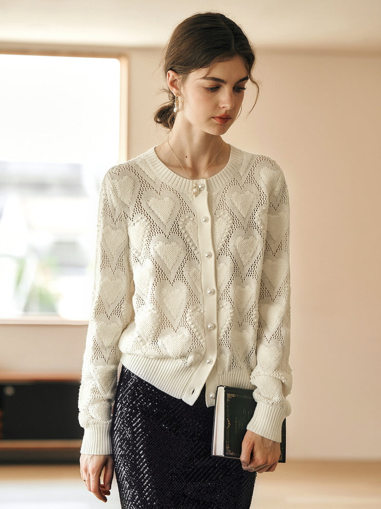Heart Knit Pearl Button Cardigan