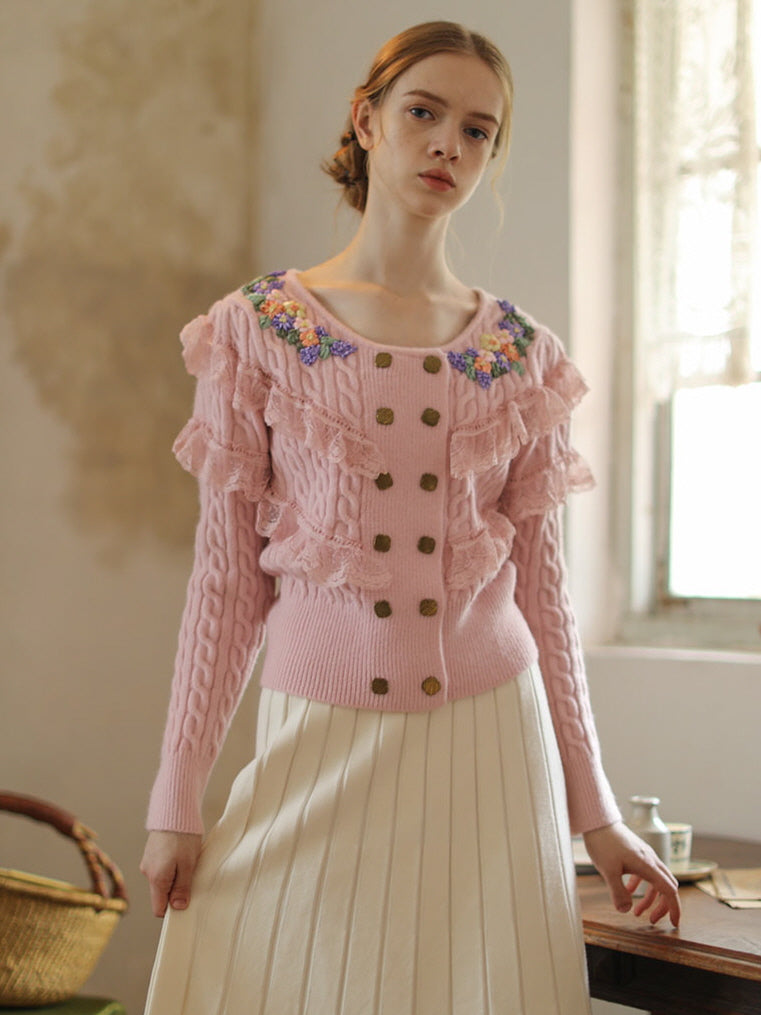 Delicate Floral Embroidered Ruffle Cardigan