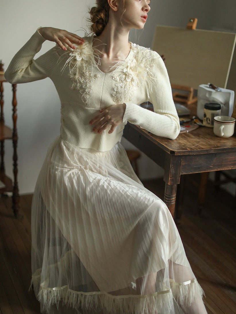 Dreamy Feather-Trim Pleated Skirt