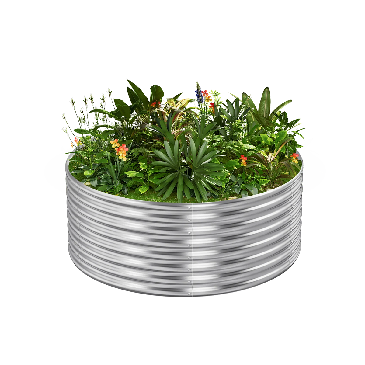 24-inch tall round galvanized metal raised garden bed, 3 feet in diameter