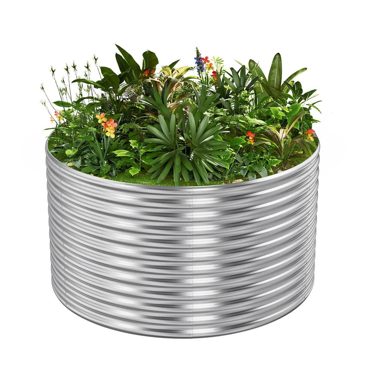 36-inch tall round galvanized metal raised garden bed, 4 feet in diameter
