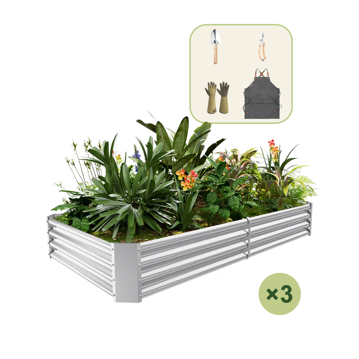3-Pack 12" Tall Rectangular 8x4x1 ft Galvanized Raised Garden Bed+Gardening Gift Pack