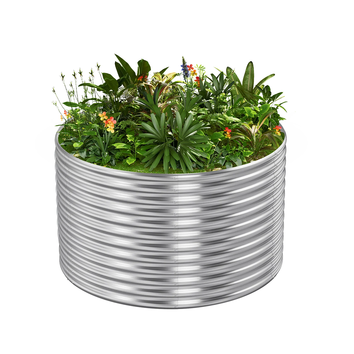 36-inch tall round galvanized metal raised garden bed, 3 feet in diameter