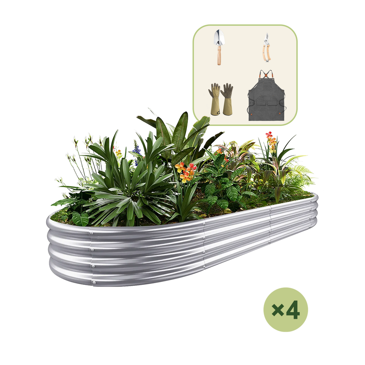 4-Pack 12" Tall Oval 8x4x1ft Galvanized Raised Garden Bed+Gardening Gift Pack