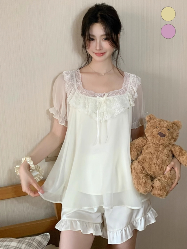 Blush Ruffle Lace Chiffon Pajama Set