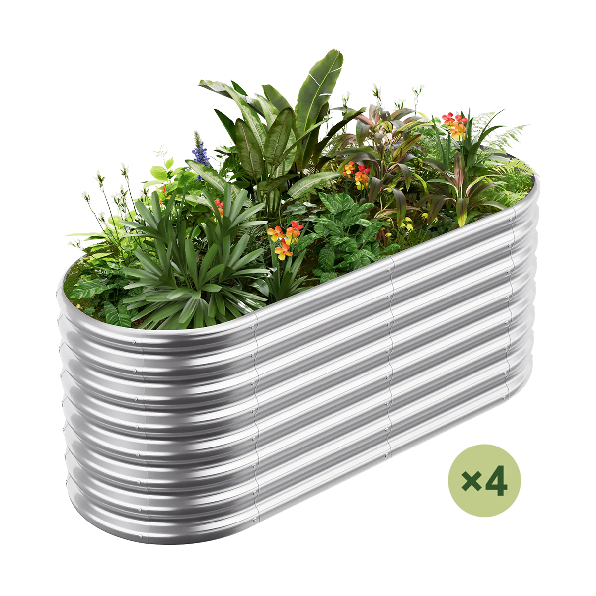 set of 4 — 24-inch tall oval galvanized metal raised garden bed, 4 by 2 feet