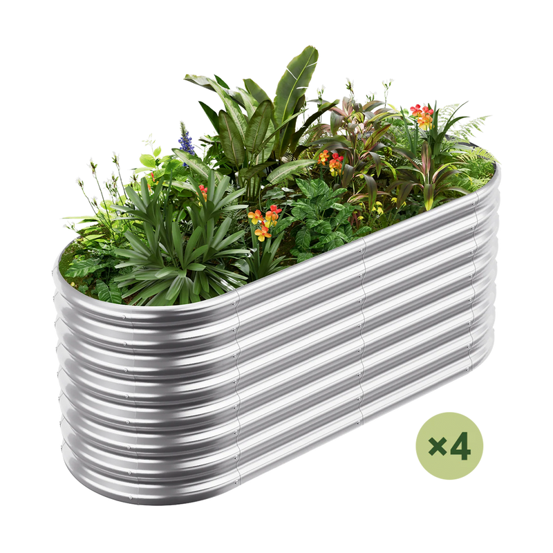 set of 4 — 24-inch tall oval galvanized metal raised garden bed, 4 by 2 feet