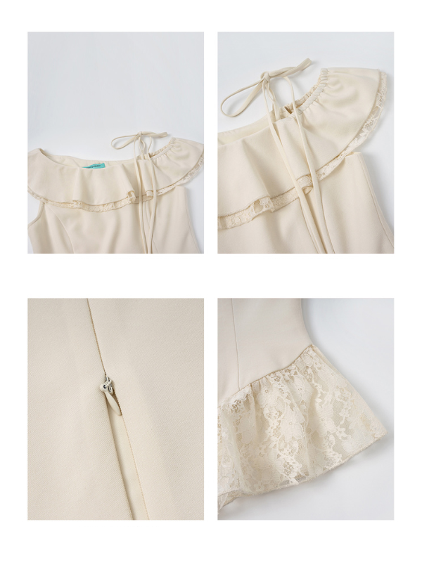 Ivory Ribbon Shoulder Ruffle Top & Skirt