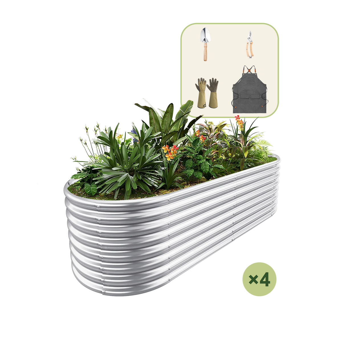 4-Pack 24" Tall Oval 6x3x2ft Galvanized Raised Garden Bed+Gardening Gift Pack