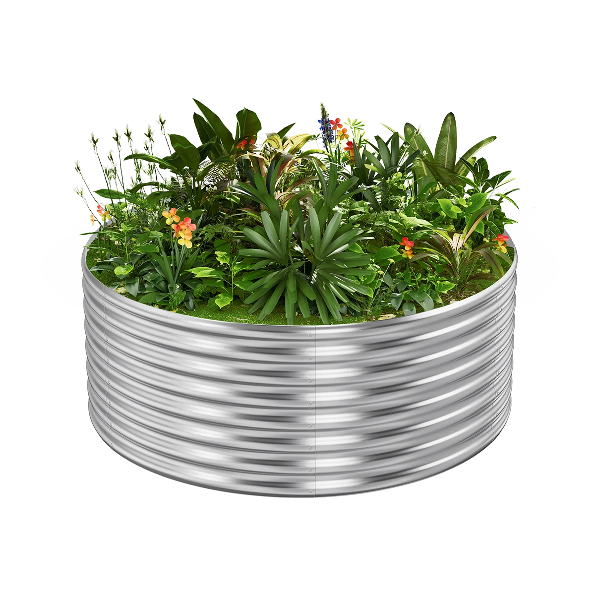 24-inch tall round galvanized metal raised garden bed, 4 feet in diameter