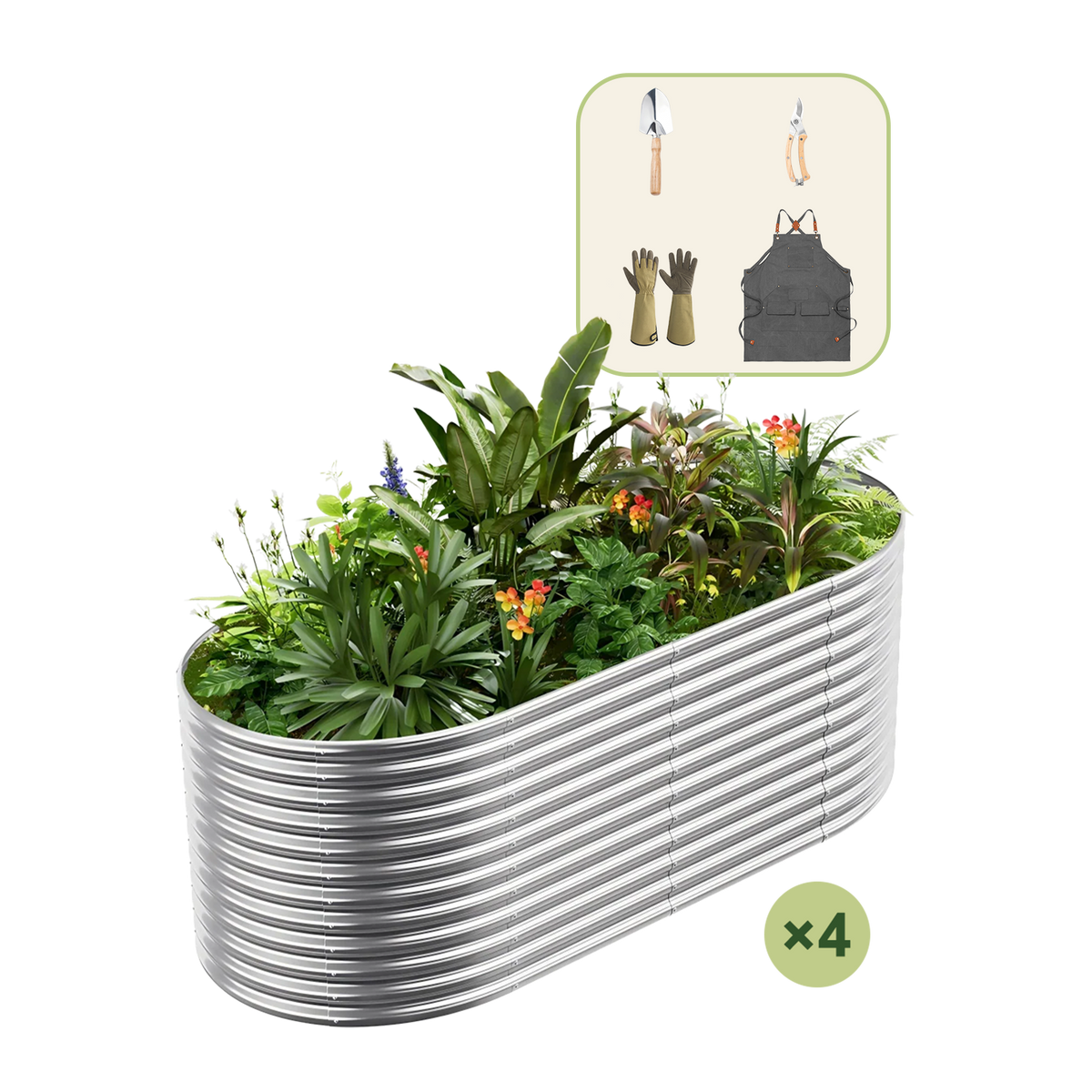 4-Pack 36" Tall Oval 8x4x3ft Galvanized Raised Garden Bed+Gardening Gift Pack