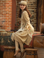 Beige Blossom in Retro Pleats Dress