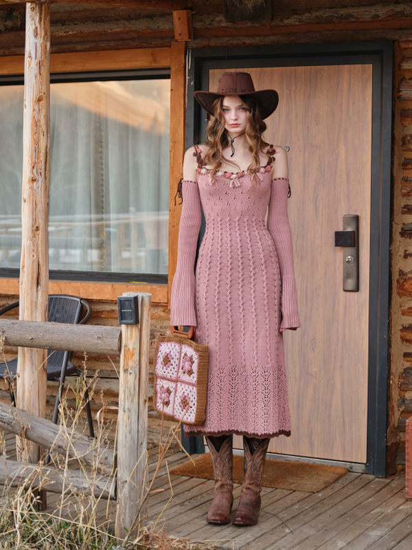 French Vintage Blooming Wool Knit Dress