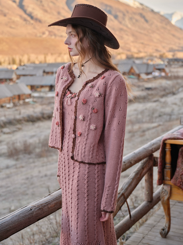 Vintage Floral Wave Wool Knit Cardigan　