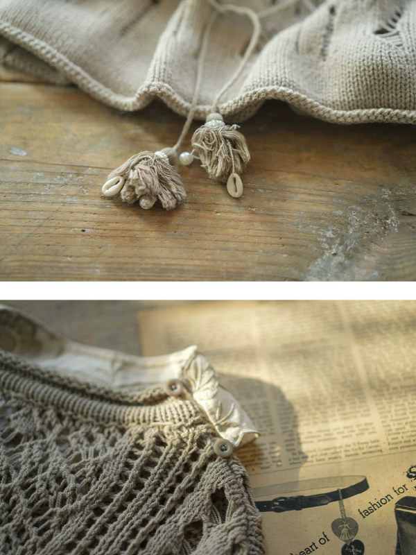 Graceful Lace Collar Brown-Gray Knitwear